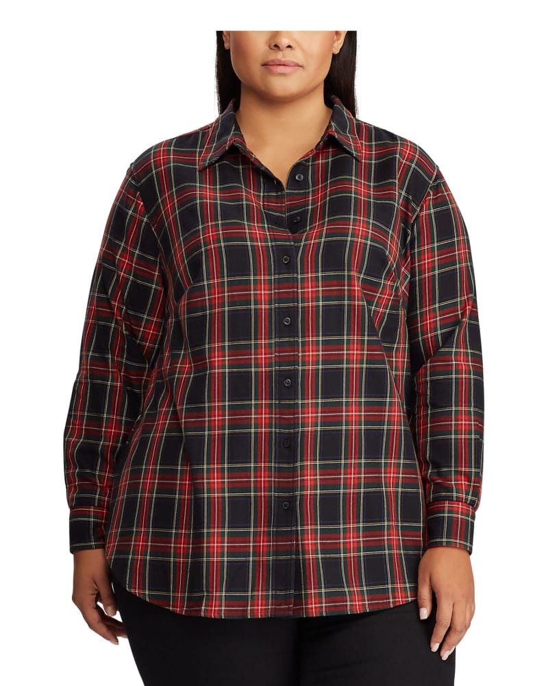 Front of a model wearing a size 2X Ralph Lauren Women's Plus Collared Cotton Shirt Red Size 2X in Red by Ralph Lauren. | dia_product_style_image_id:313874